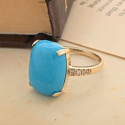 Certified & Appraised Luxoro 14K Yellow Gold AAA Sleeping Beauty Turquoise and Diamond G-H I2 Ring (Size 10.0) 8.35 ctw