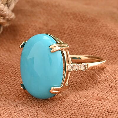 Certified & Appraised Luxoro AAA Sleeping Beauty Turquoise and G-H I2 Diamond 8.00 ctw Ring in 14K Yellow Gold (Size 6.0)