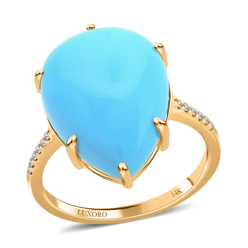 Certified & Appraised Luxoro 14K Yellow Gold AAA Sleeping Beauty Turquoise and G-H I2 Diamond Ring (Size 10.0) 8.85 ctw