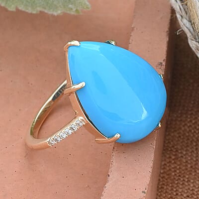 Certified & Appraised Luxoro 14K Yellow Gold AAA Sleeping Beauty Turquoise and G-H I2 Diamond Ring (Size 10.0) 8.85 ctw