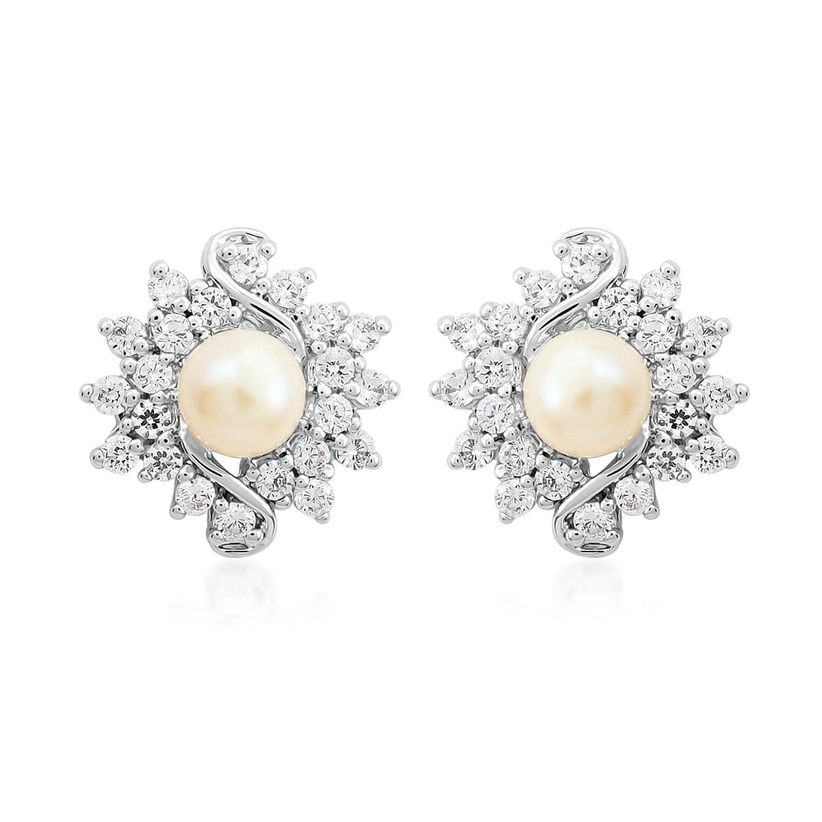 Freshwater Pearl and Simulated Diamond Earrings in Silvertone 0.40 ctw image number 0