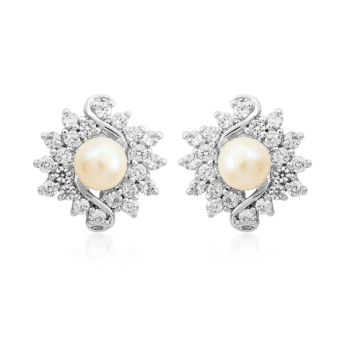 Freshwater Pearl and Simulated Diamond Earrings in Silvertone 0.40 ctw image number 0