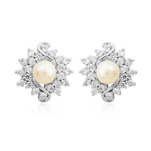 Freshwater Pearl and Simulated Diamond Earrings in Silvertone 0.40 ctw