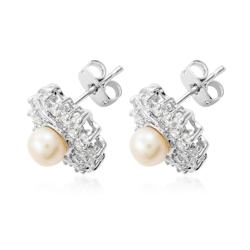 Freshwater Pearl and Simulated Diamond Earrings in Silvertone 0.40 ctw