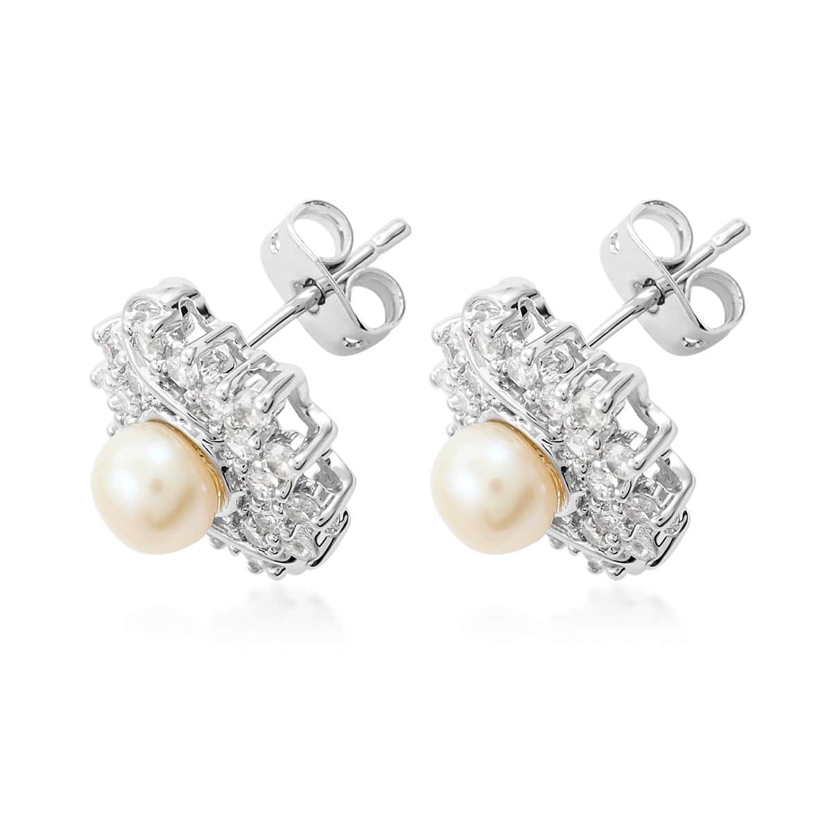 Freshwater Pearl and Simulated Diamond Earrings in Silvertone 0.40 ctw image number 3