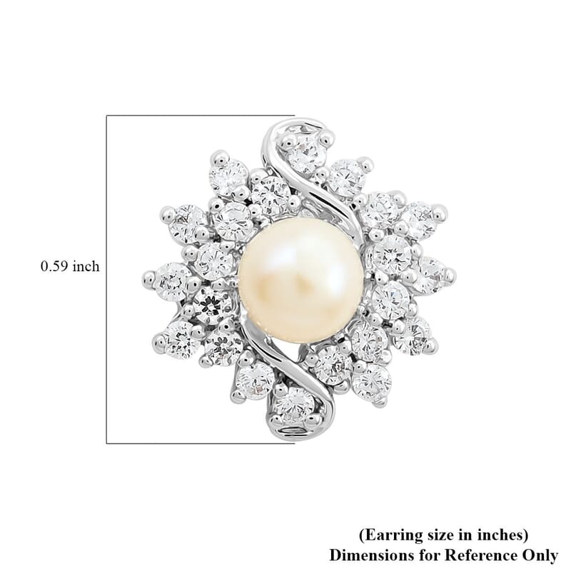 Freshwater Pearl and Simulated Diamond Earrings in Silvertone 0.40 ctw
