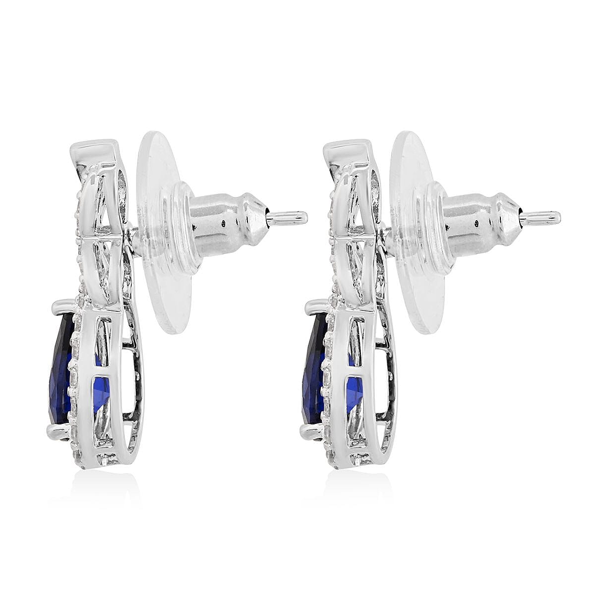 Lab Created Blue Spinel and Simulated Diamond Earrings in Silvertone 3.50 ctw image number 3