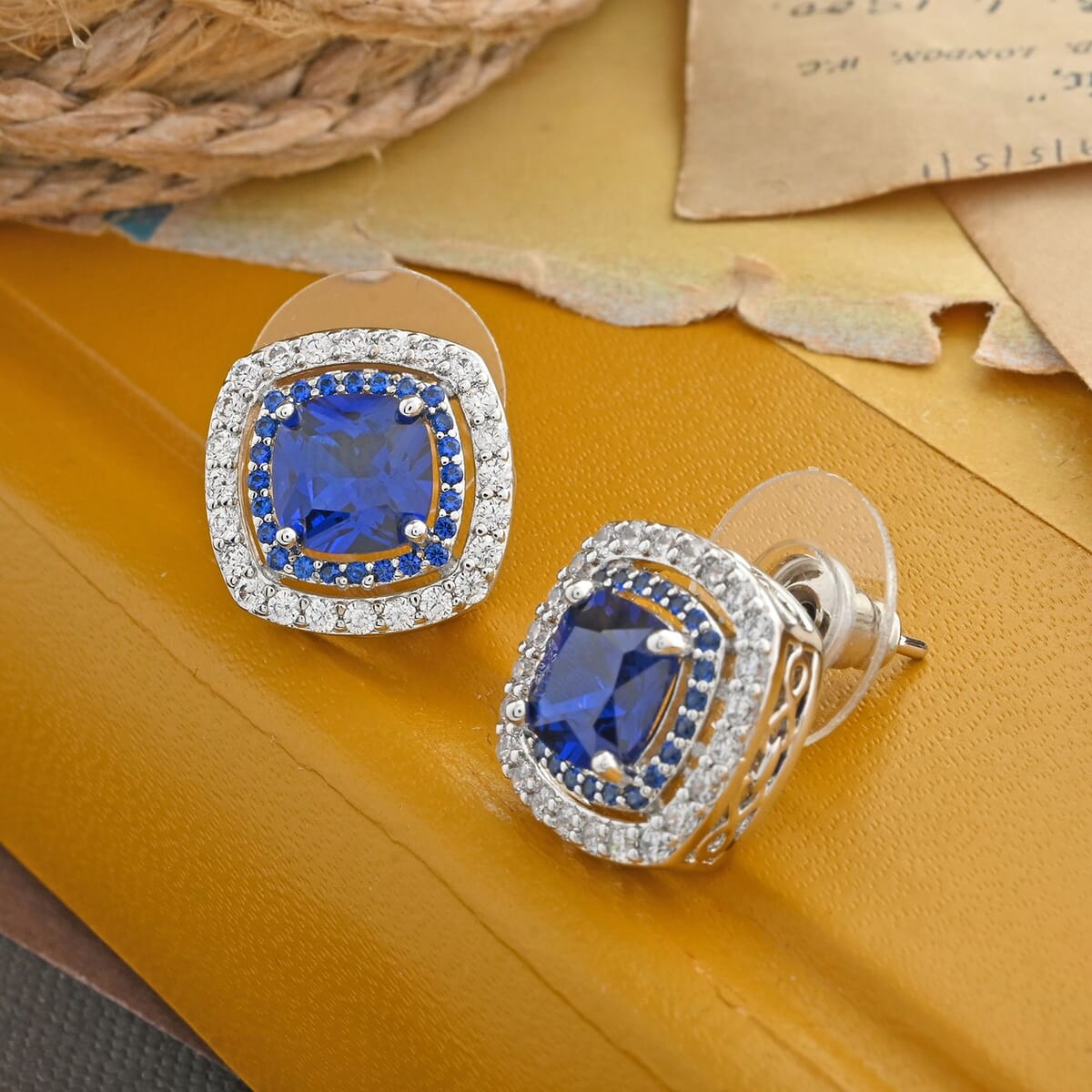 Lab Created Spinel, Simulated White and Blue Diamond 2.55 ctw Earrings in Silvertone image number 1