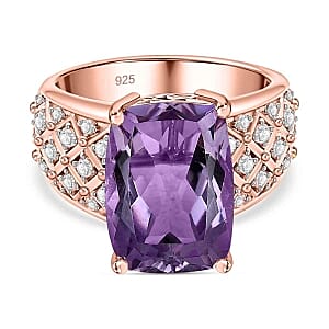 Rose De France Amethyst and White Zircon7.08 ctw Ring in 14K RG Over Sterling Silver (Size 10)