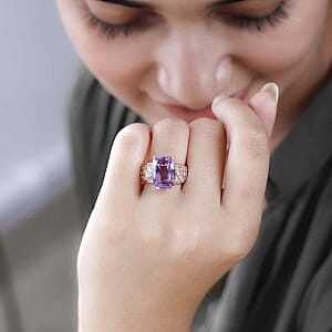 Rose De France Amethyst and White Zircon7.08 ctw Ring in 14K RG Over Sterling Silver (Size 10)