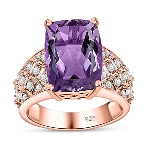 Rose De France Amethyst and White Zircon7.08 ctw Ring in 14K RG Over Sterling Silver (Size 10)