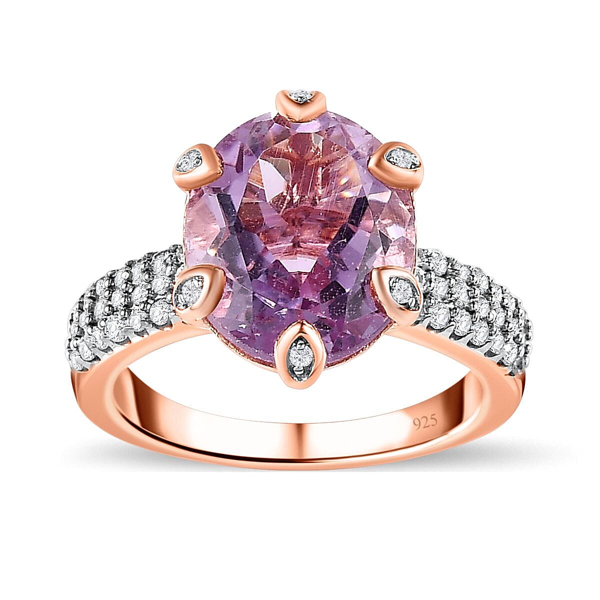 Rose De France Amethyst and White Zircon 6.30 ctw Ring in 14K RG Over Sterling Silver (Size 11.5)