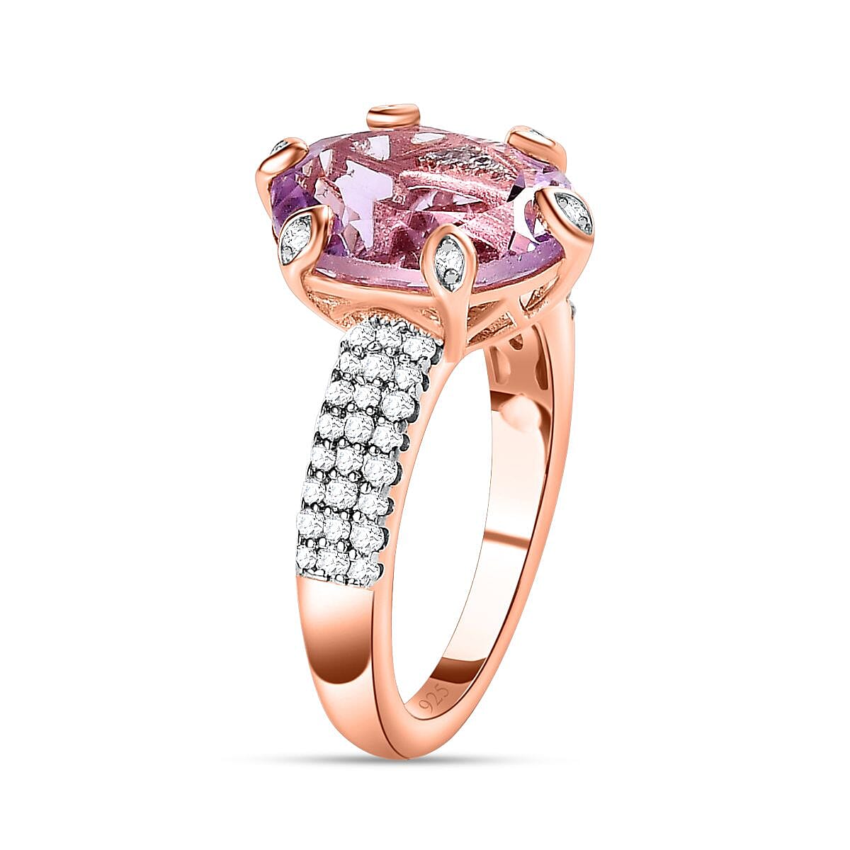 Rose De France Amethyst and White Zircon 6.30 ctw Ring in 14K RG Over Sterling Silver (Size 11.5)