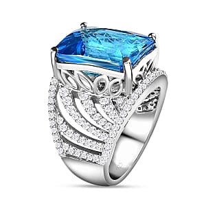 Electric Blue Topaz and White Zircon 17.18 ctw Ring in Platinum Over Sterling Silver (Size 8)