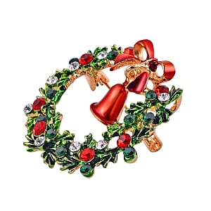 Multi Color Austrian Crystal and Green Enamel Brooch in Silvertone