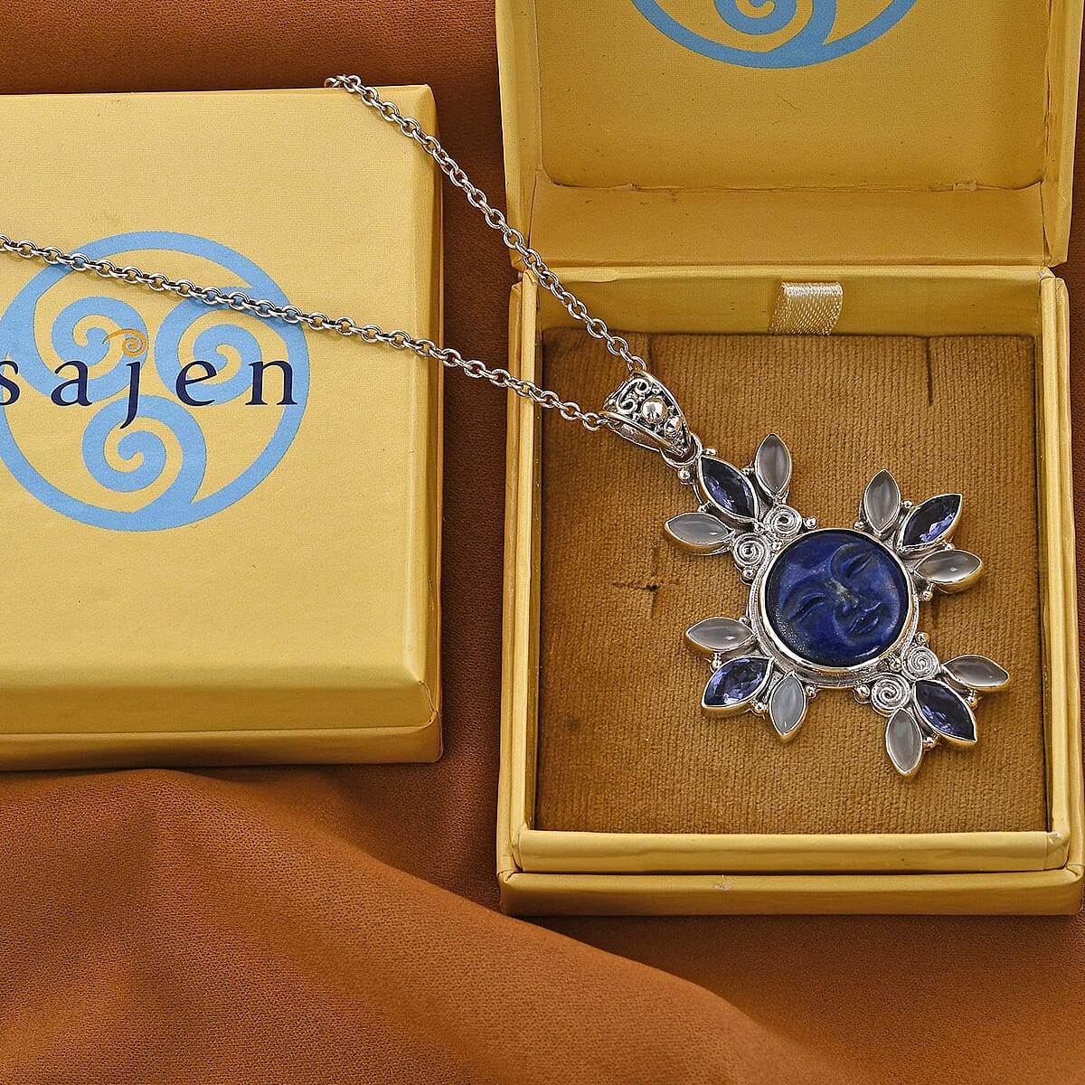 Sajen Silver Lapis Lazuli Carved and Multi Gemstone Pendant in Sterling Silver 20.60 ctw image number 1