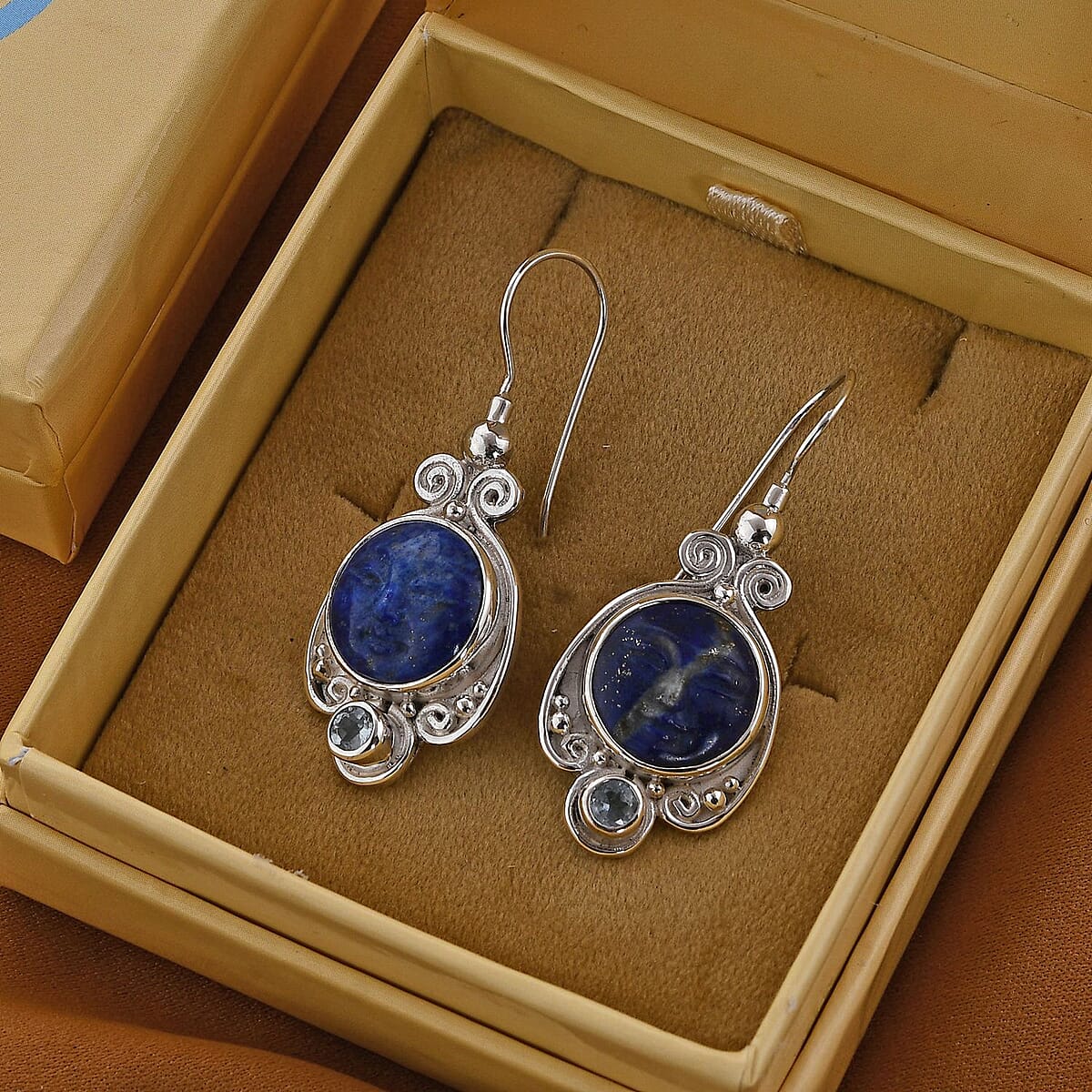 Sajen Silver Lapis Lazuli Carved and Blue Topaz Earrings in Sterling Silver 12.40 ctw image number 1