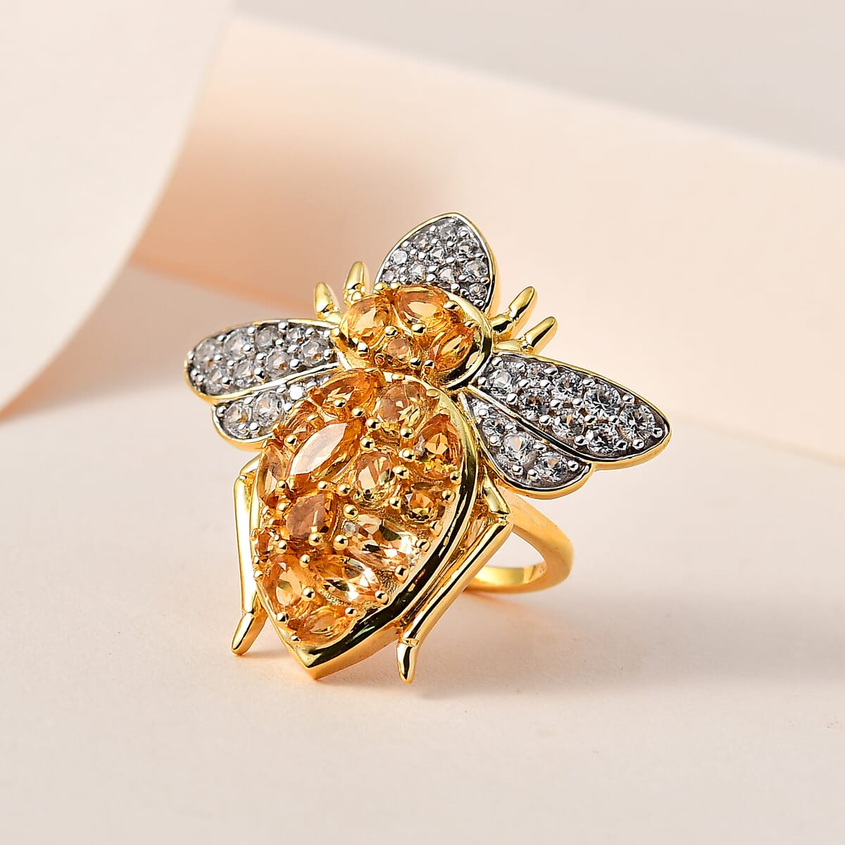 GP Trionfo Collection Premium Brazilian Citrine and White Zircon Bee Ring in Vermeil Yellow Gold Over Sterling Silver 3.60 ctw image number 1
