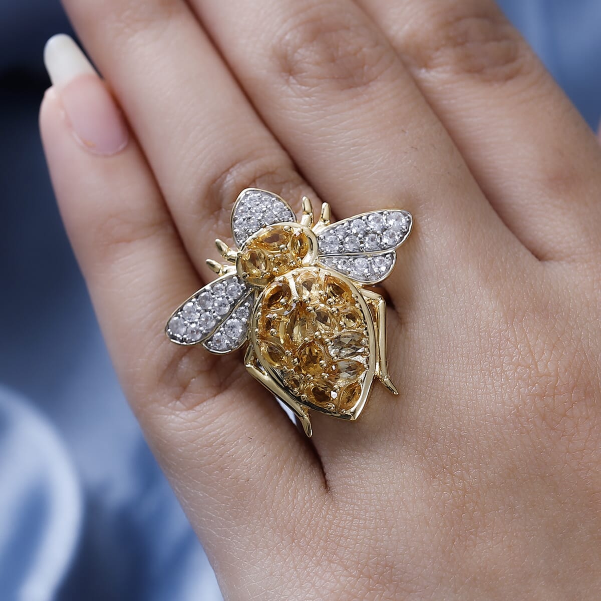 GP Trionfo Collection Premium Brazilian Citrine and White Zircon Bee Ring in Vermeil Yellow Gold Over Sterling Silver 3.60 ctw image number 2
