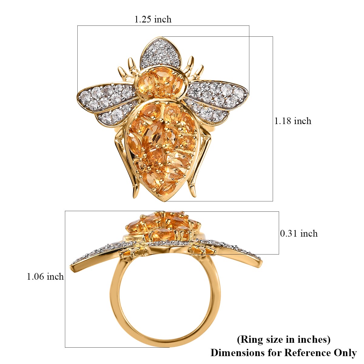 GP Trionfo Collection Premium Brazilian Citrine and White Zircon Bee Ring in Vermeil Yellow Gold Over Sterling Silver 3.60 ctw image number 5