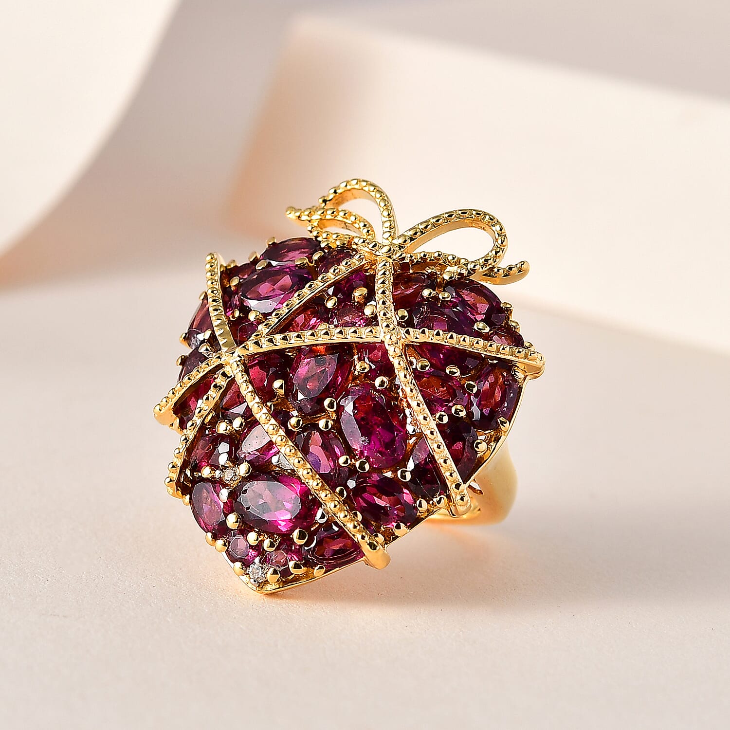 GP Amore Collection Orissa Rhodolite Garnet and White Zircon Ring in Vermeil Yellow Gold Over Sterling Silver (Size 5.0) 9.75 ctw