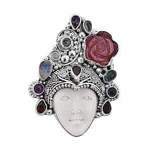 Sajen Silver Carved Bone and Multi Gemstone Pendant without Chain in Sterling Silver 11.15 ctw
