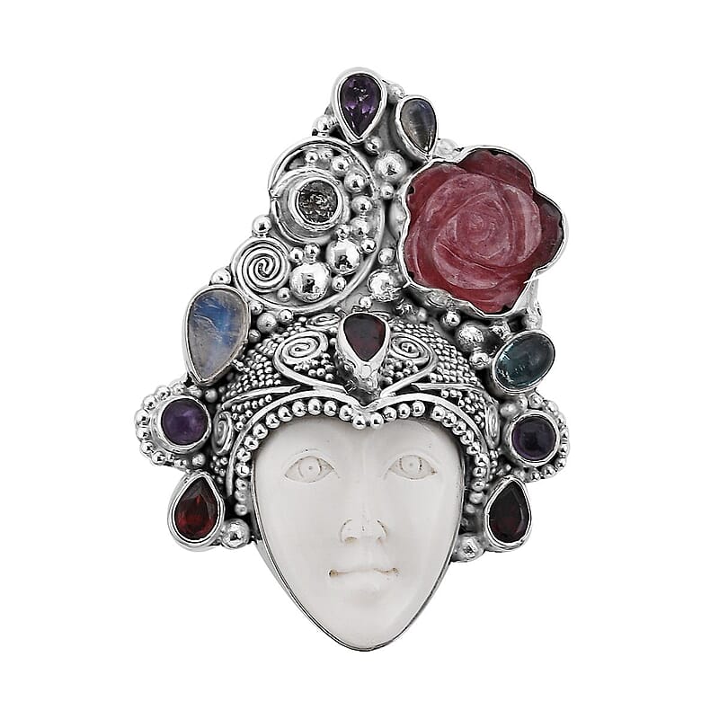 Sajen Silver Carved Bone and Multi Gemstone Pendant without Chain in Sterling Silver 11.15 ctw