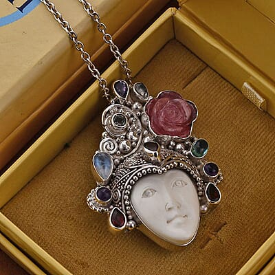 Sajen Silver Carved Bone and Multi Gemstone Pendant without Chain in Sterling Silver 11.15 ctw