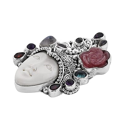 Sajen Silver Carved Bone and Multi Gemstone Pendant without Chain in Sterling Silver 11.15 ctw