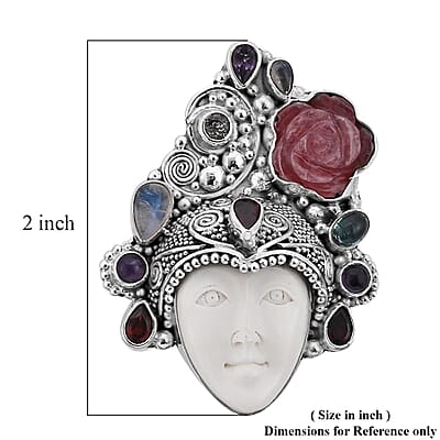 Sajen Silver Carved Bone and Multi Gemstone Pendant without Chain in Sterling Silver 11.15 ctw