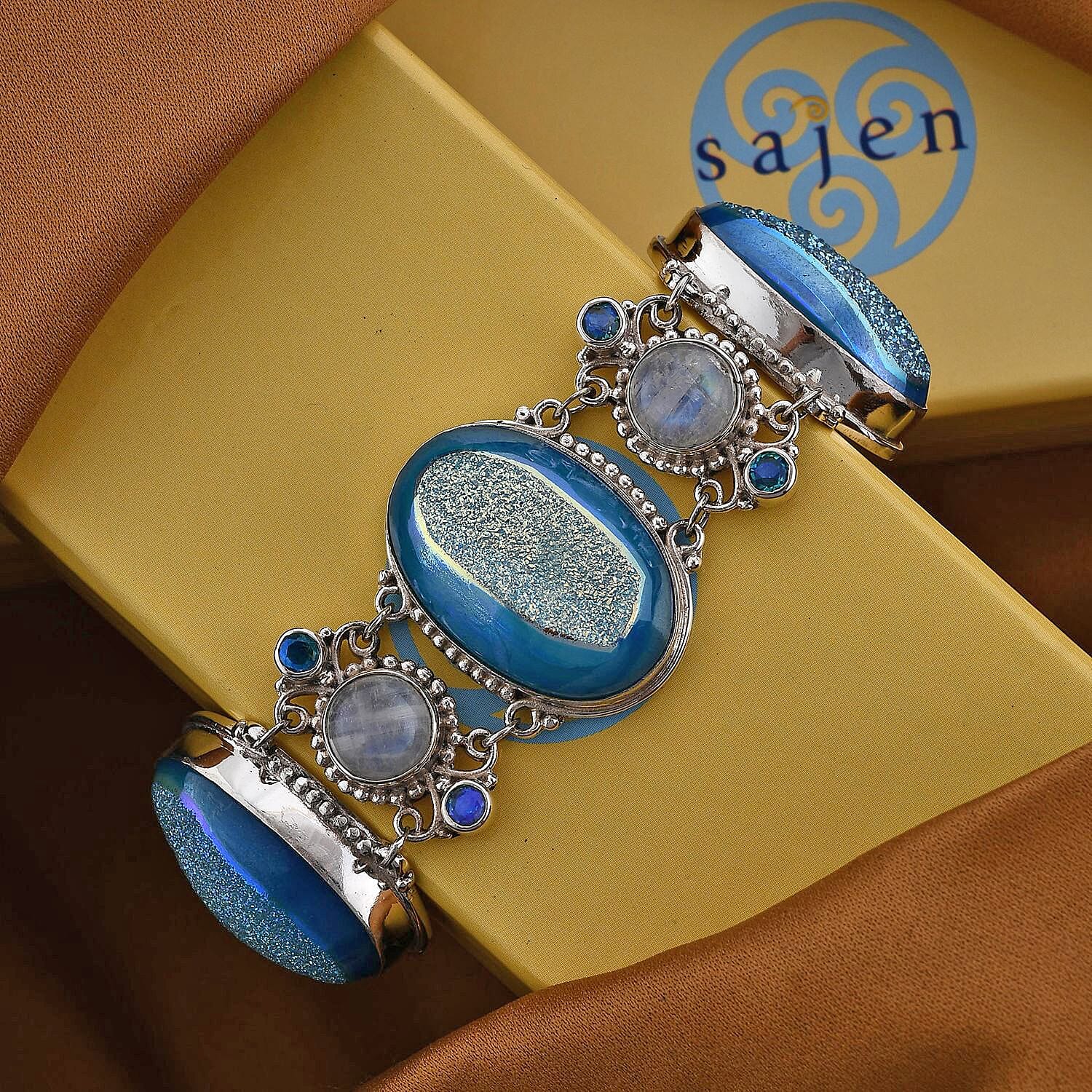 Sajen Silver Pariba Window Druzy Quartz and Multi Gemstone Toggle Clasp Bracelet in Sterling Silver (7.50 In) 119.55 ctw