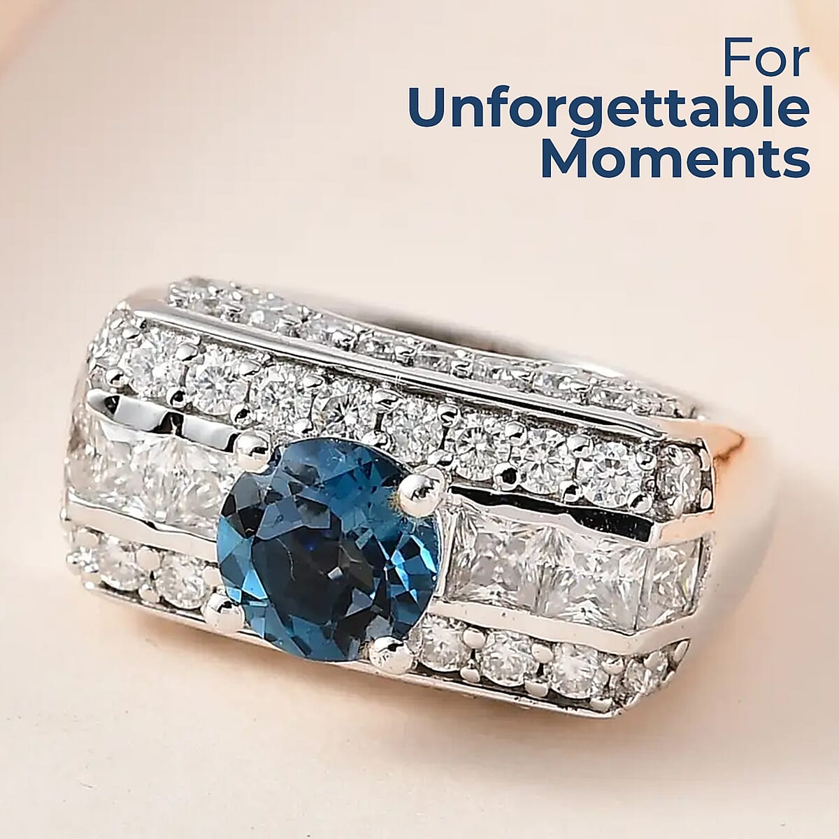 GP Art Deco Collection Premium London Blue Topaz and Moissanite Ring in Platinum Over Sterling Silver 3.50 ctw image number 1