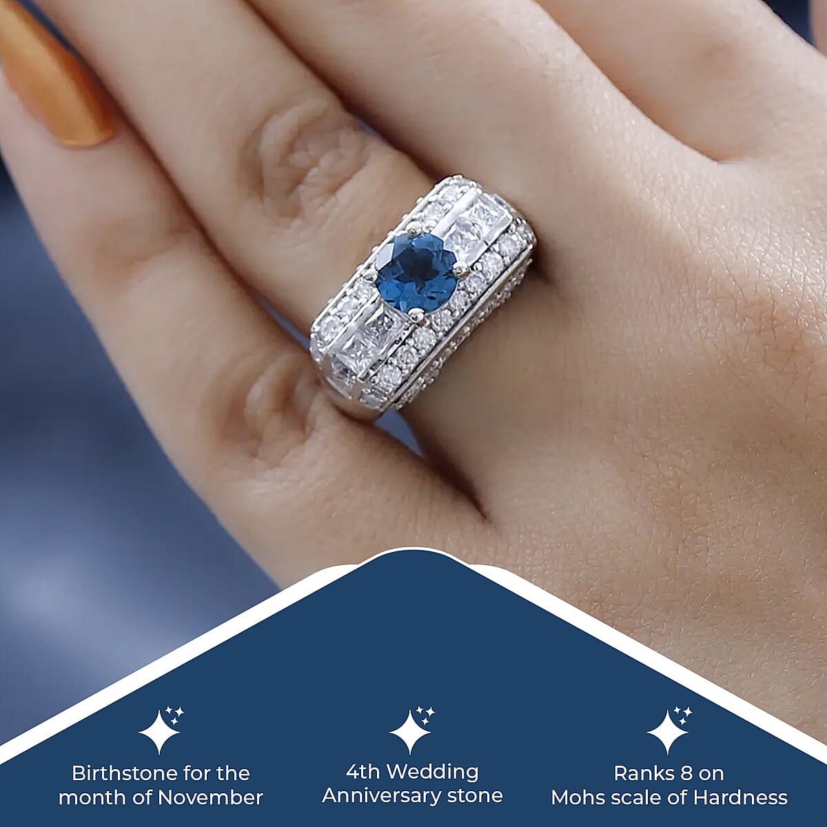 GP Art Deco Collection Premium London Blue Topaz and Moissanite Ring in Platinum Over Sterling Silver 3.50 ctw image number 2