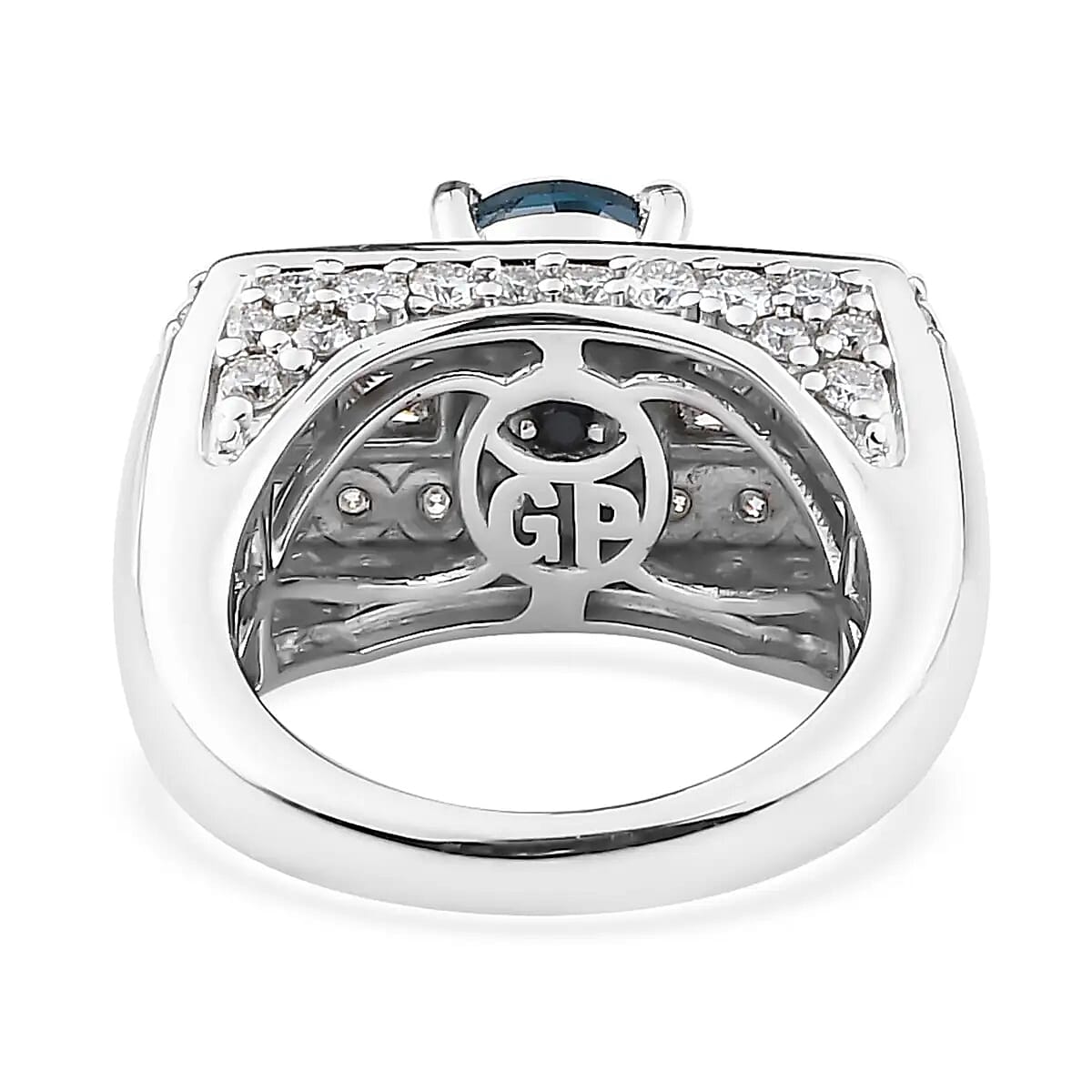 GP Art Deco Collection Premium London Blue Topaz and Moissanite Ring in Platinum Over Sterling Silver (Size 10.0) 3.50 ctw
