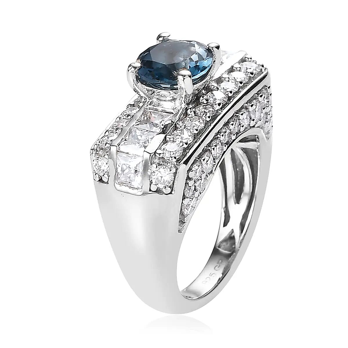 GP Art Deco Collection Premium London Blue Topaz and Moissanite Ring in Platinum Over Sterling Silver (Size 10.0) 3.50 ctw