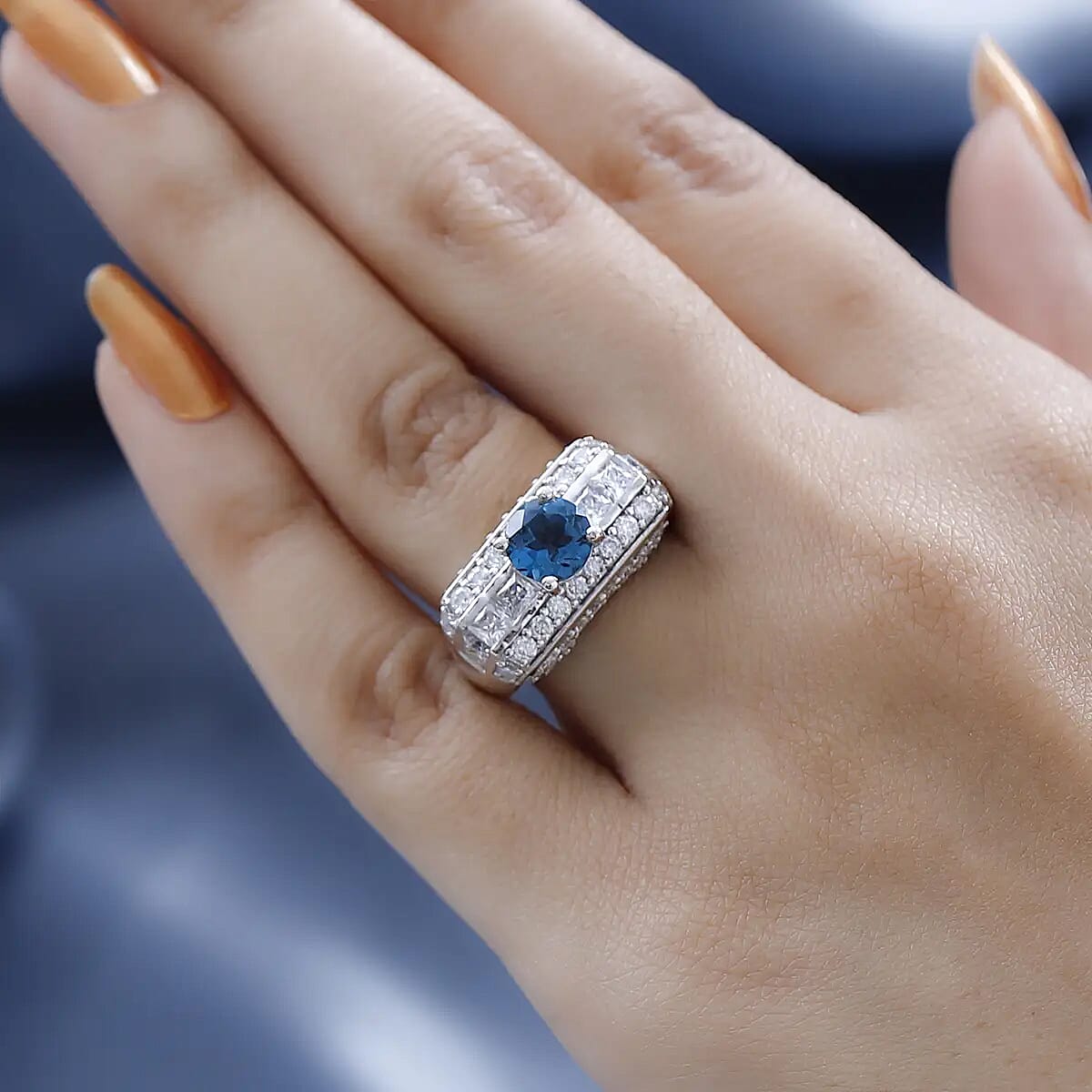 GP Art Deco Collection Premium London Blue Topaz and Moissanite Ring in Platinum Over Sterling Silver 3.50 ctw image number 5
