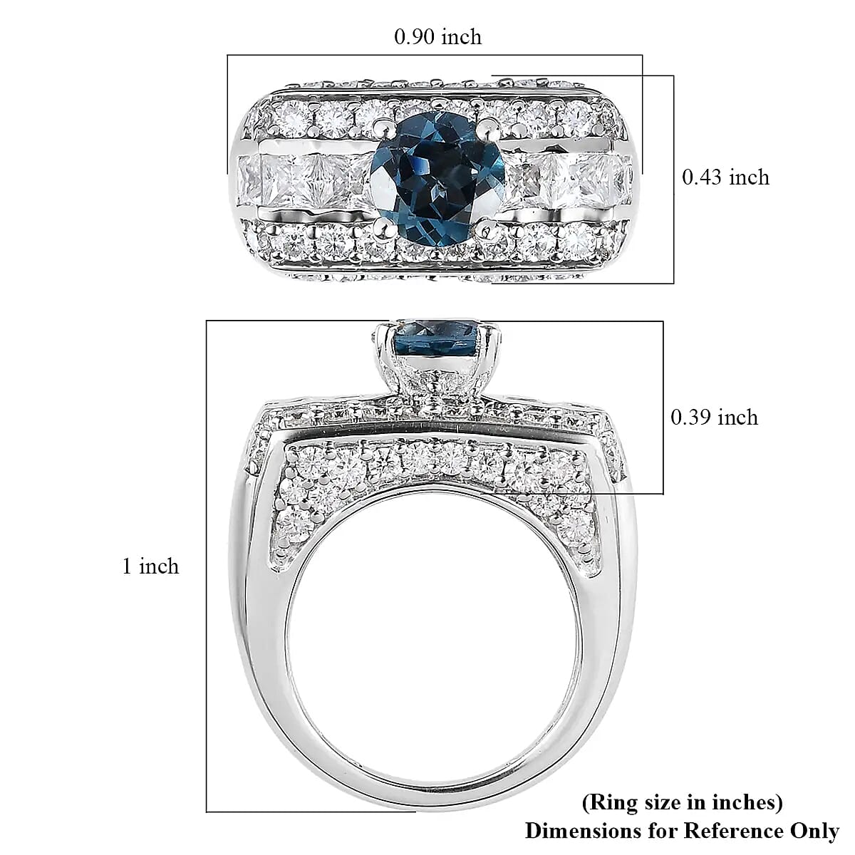 GP Art Deco Collection Premium London Blue Topaz and Moissanite Ring in Platinum Over Sterling Silver (Size 10.0) 3.50 ctw