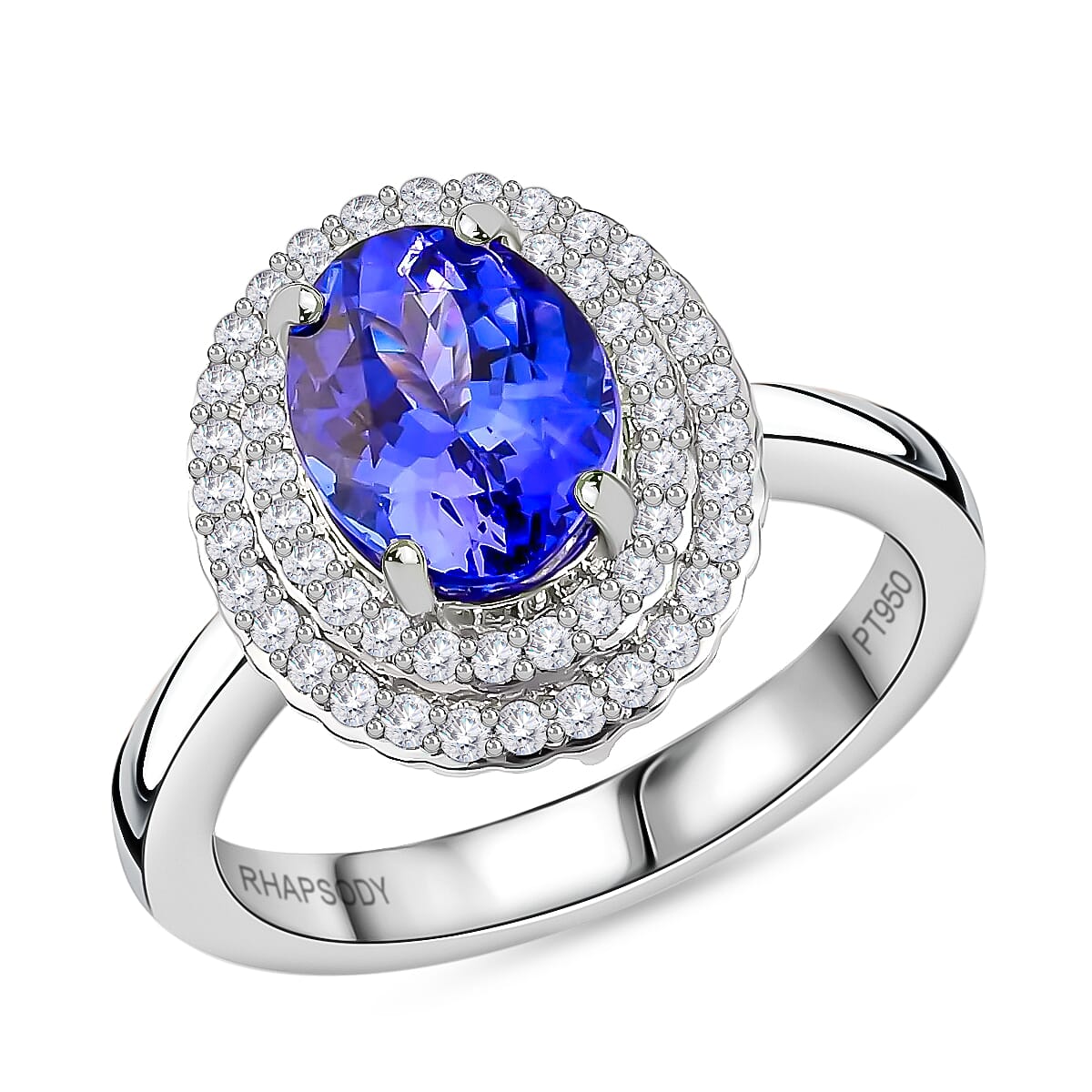 Certified and Appraised Rhapsody 950 Platinum AAAA Tanzanite and E-F VS2 Diamond Double Halo Ring (Size 8.5) 7 Grams 2.50 ctw image number 0