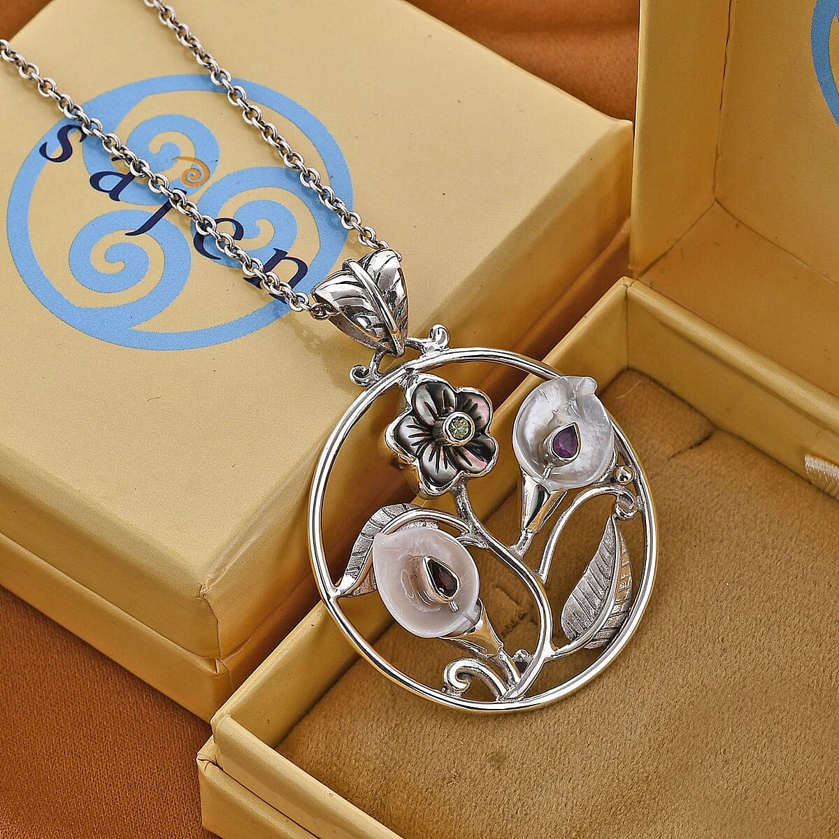 Sajen Silver Mother of Pearl and Multi Gemstone Floral Pendant in Sterling Silver 0.65 ctw image number 1