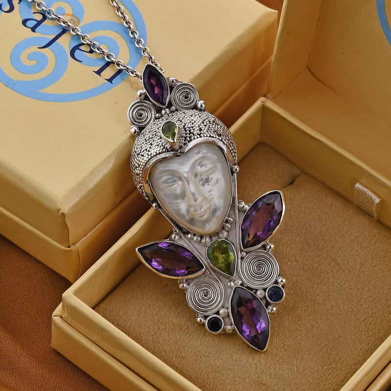 Sajen Silver Mother Of Pearl Carved and Multi Gemstone Pendant in Sterling Silver 13.00 ctw