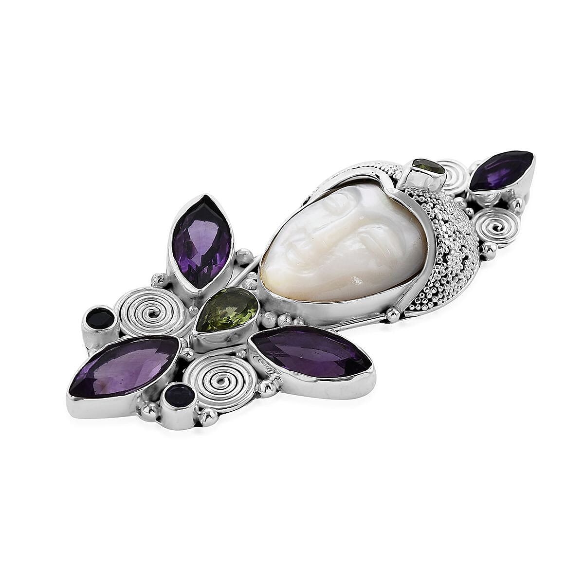 Sajen Silver Mother Of Pearl Carved and Multi Gemstone Pendant in Sterling Silver 13.00 ctw image number 3