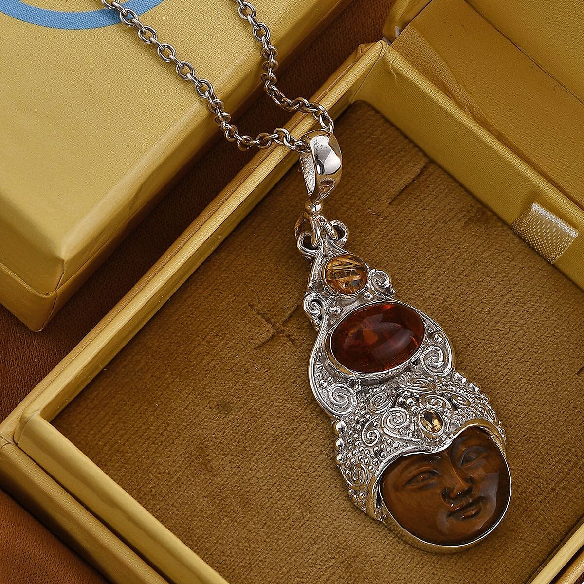 Sajen Silver Tigers Eye Carved and Multi Gemstone Pendant in Sterling Silver 12.70 ctw image number 1