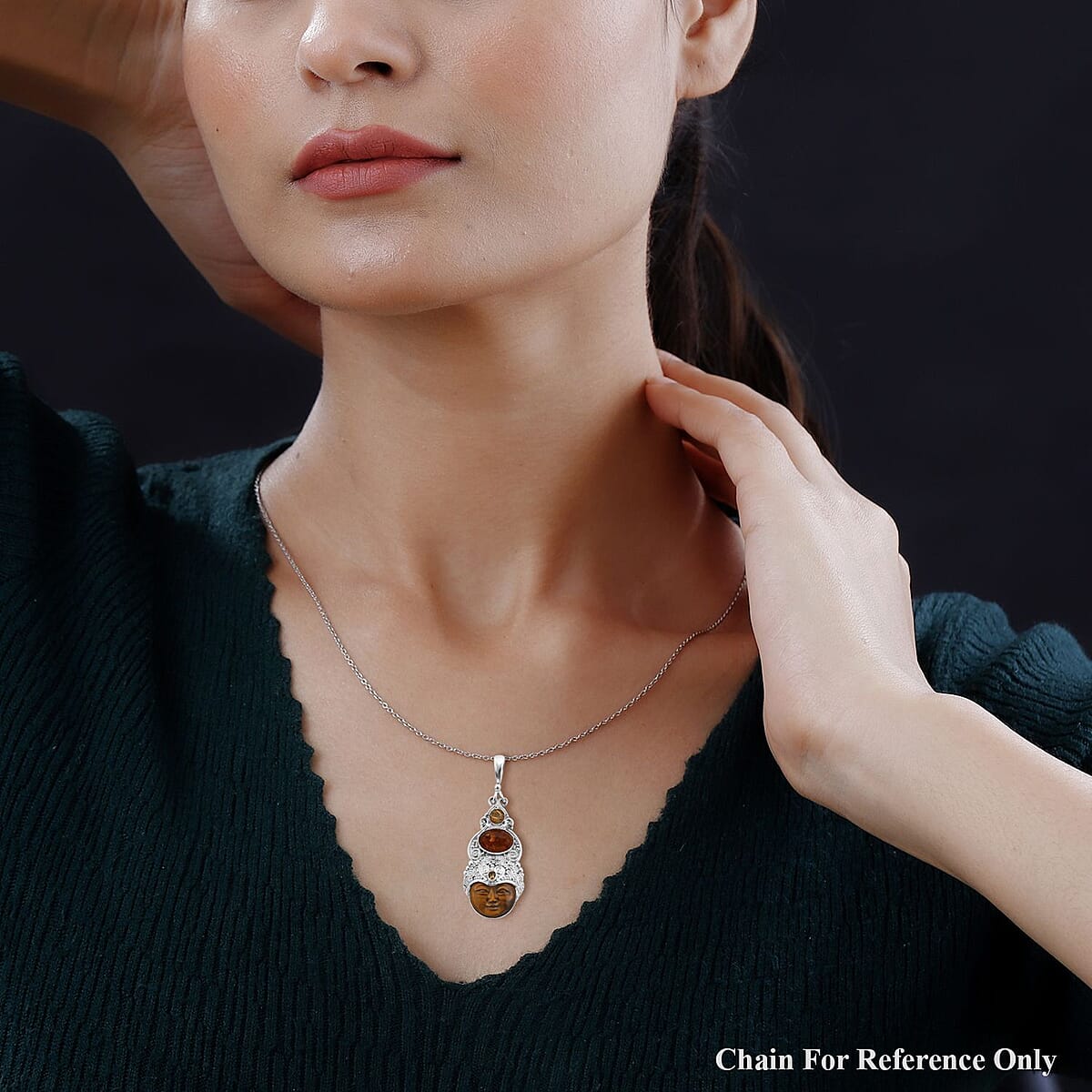 Sajen Silver Tigers Eye Carved and Multi Gemstone Pendant in Sterling Silver 12.70 ctw image number 2