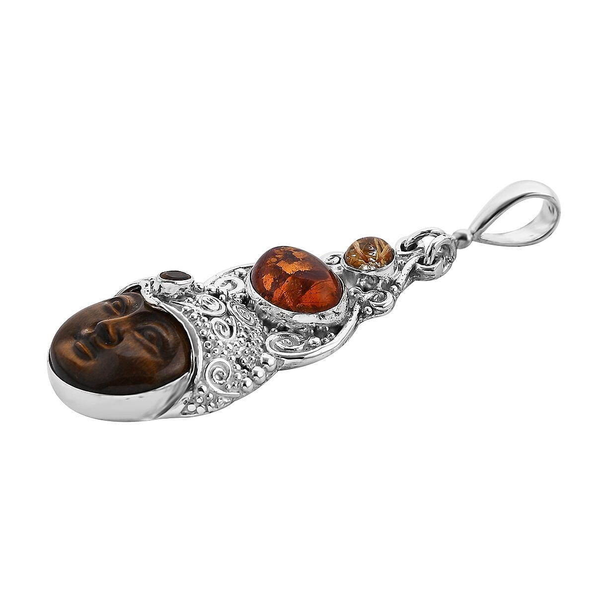 Sajen Silver Tigers Eye Carved and Multi Gemstone Pendant in Sterling Silver 12.70 ctw image number 3