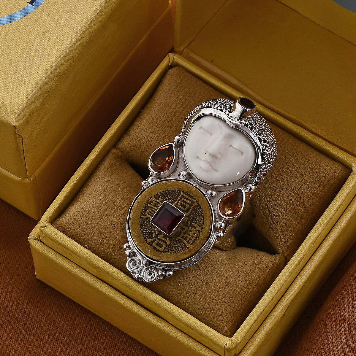 Sajen Silver Carved Bone and Multi Gemstone Ring in Sterling Silver (Size 10.0) 2.20 ctw image number 1