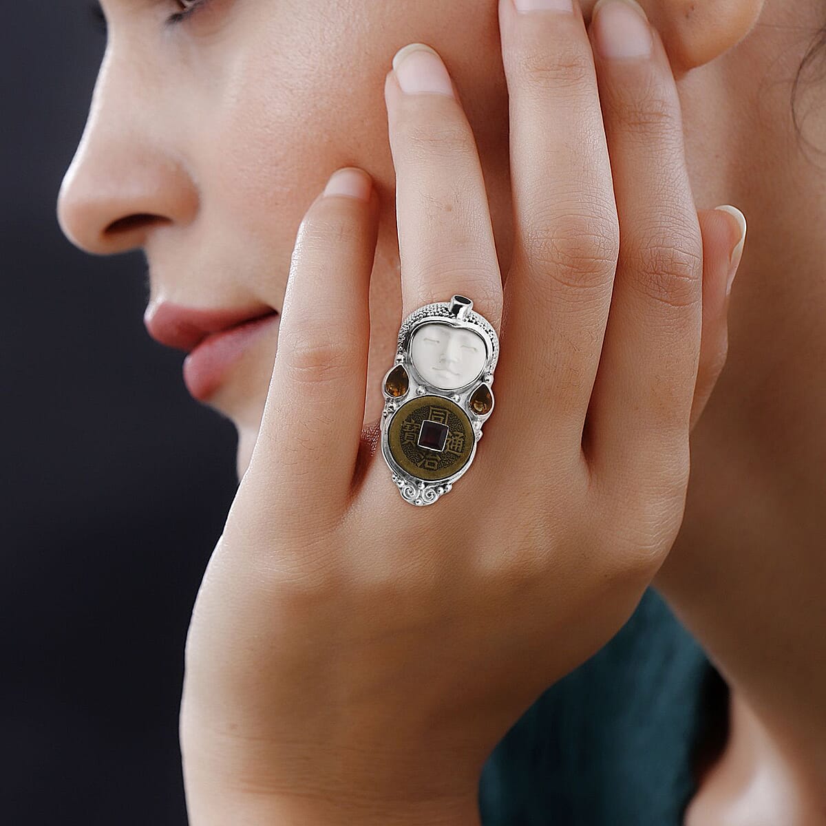 Sajen Silver Carved Bone and Multi Gemstone Ring in Sterling Silver (Size 10.0) 2.20 ctw image number 2