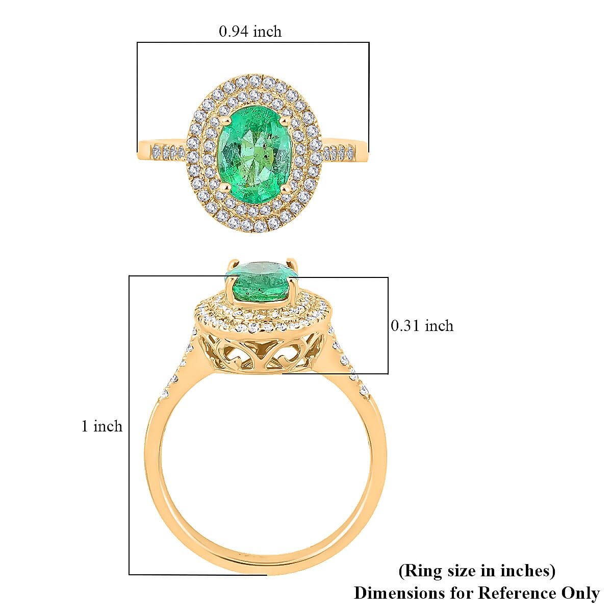 ILIANA 18K Yellow Gold AAA Kagem Zambian Emerald and G-H SI Diamond Halo Ring 4.39 Grams 1.50 ctw