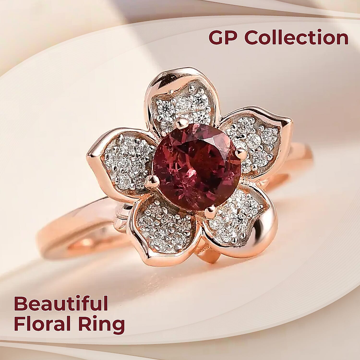 GP Italian Garden Collection Morro Redondo Pink Tourmaline Ring, Moissanite Accent Ring, Tourmaline Floral Ring, Vermeil Rose Gold Over Sterling Silver Ring, Wedding Ring (Size 10.0) 1.00 ctw