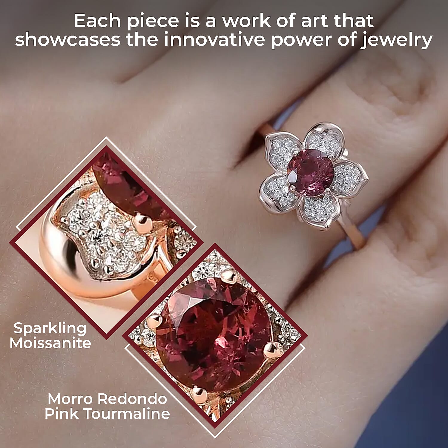 GP Italian Garden Collection Morro Redondo Pink Tourmaline Ring, Moissanite Accent Ring, Tourmaline Floral Ring, Vermeil Rose Gold Over Sterling Silver Ring, Wedding Ring (Size 10.0) 1.00 ctw
