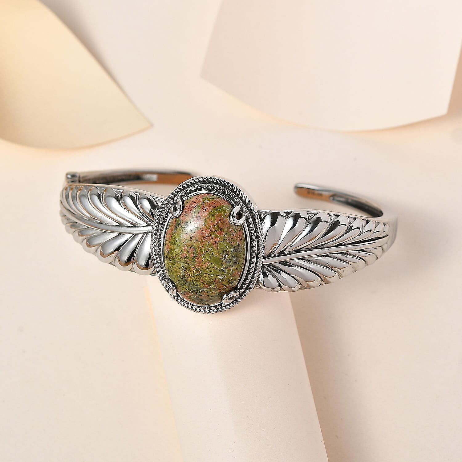 Unakite 25.00 ctw Cuff Bracelet Stainless Steel 7.50 In
